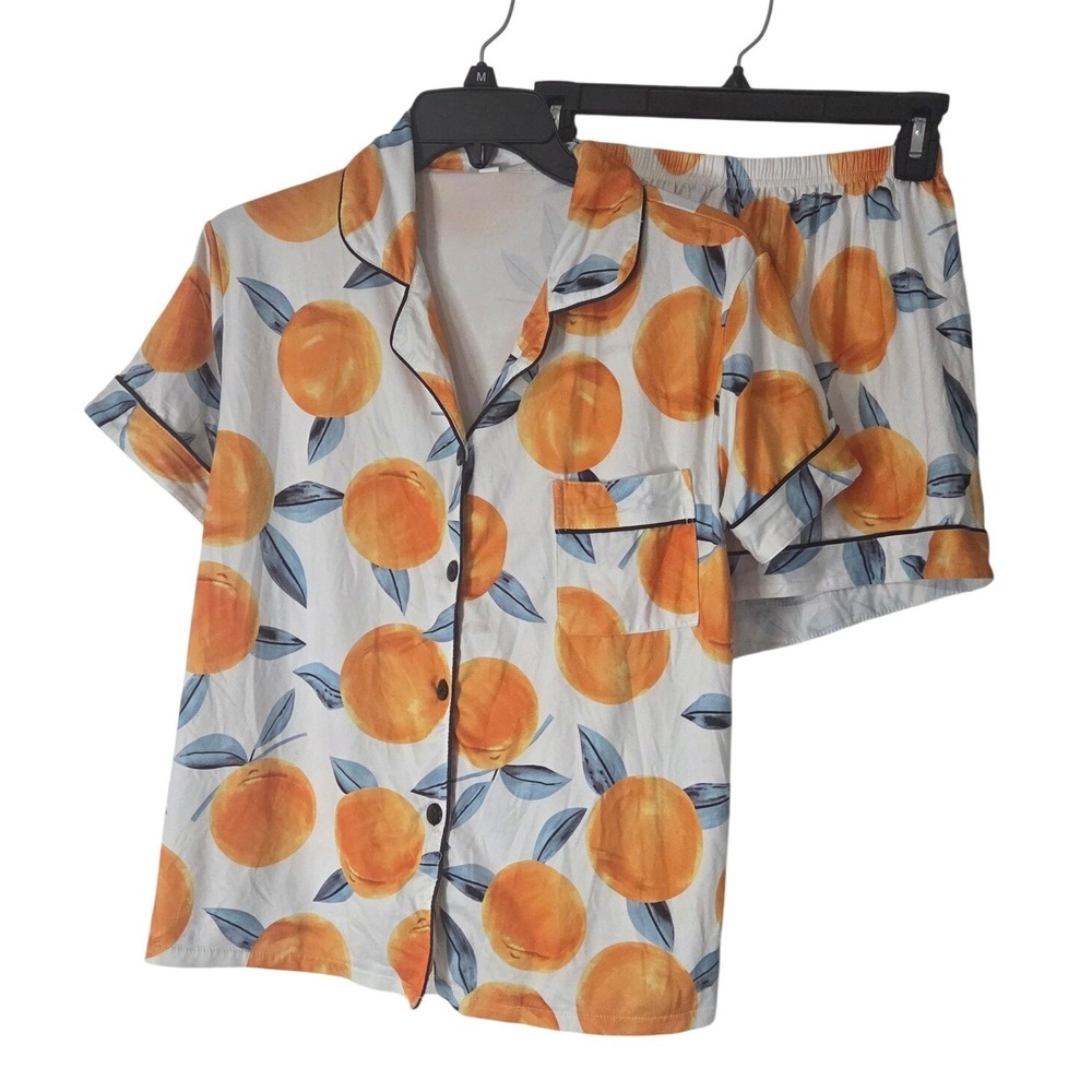 Women’s Orange Print Short Pajama Set - Casual Sleep Top & Shorts
